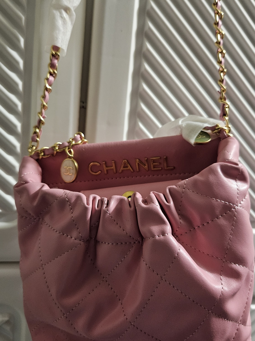 Pink Quilted Drawstring Shoulder Bag